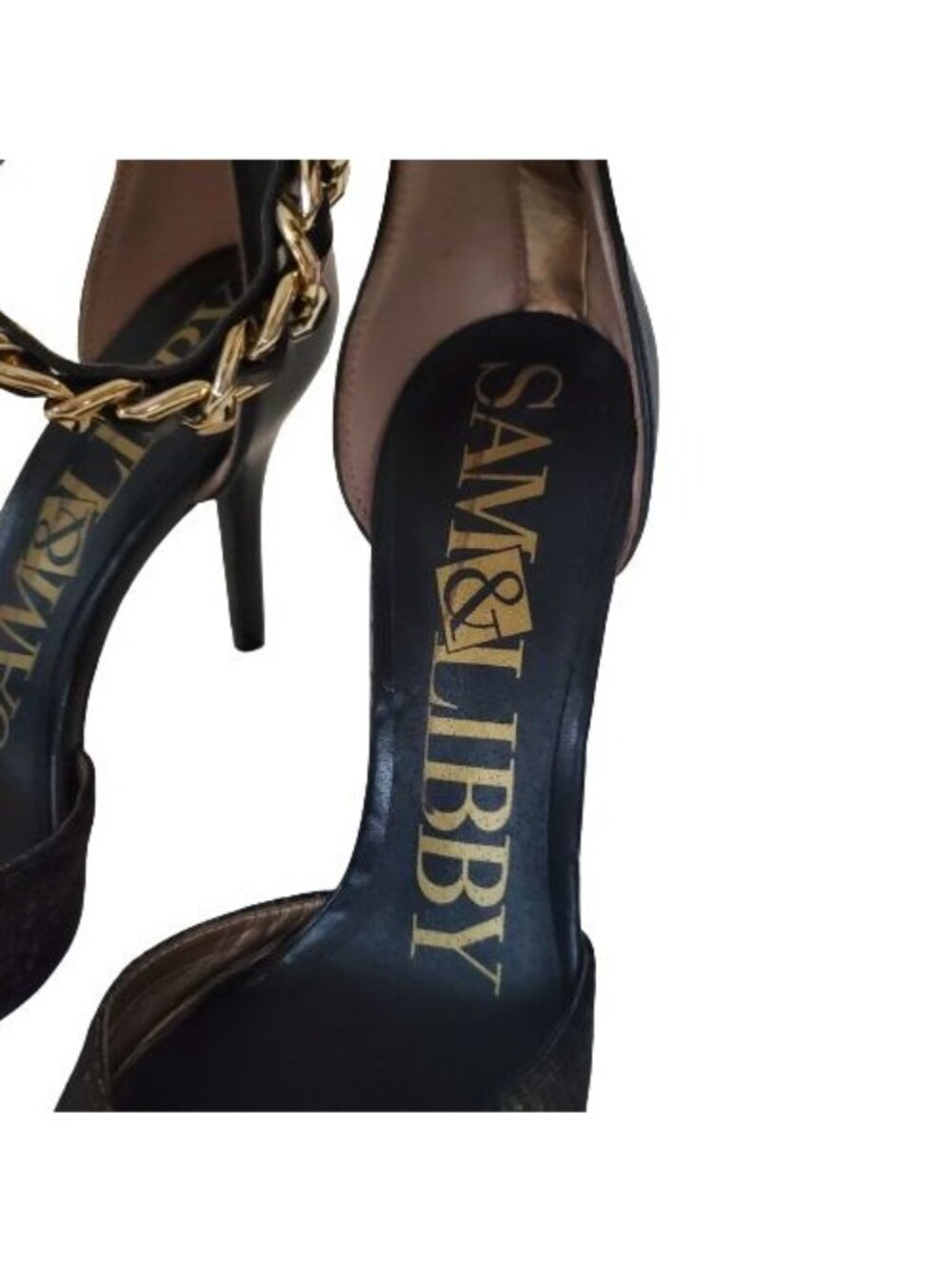 Sam & Libby Black/Gold Snake Print Ankle Chain Stiletto Heels Pumps Women's Sz 8 - Picture 6 of 13
